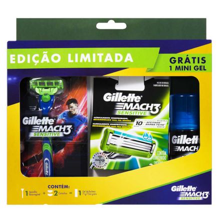 Kit Aparelho de Barbear Gillette Mach3 Sensitive 1 Unidade + 2 Cartuchos Gillette Mach3 Sensitive + Grátis Gel de Barbear 71g