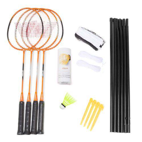 Kit Badminton Vollo - 4 Raquetes + 3 Petecas + Rede + Suporte