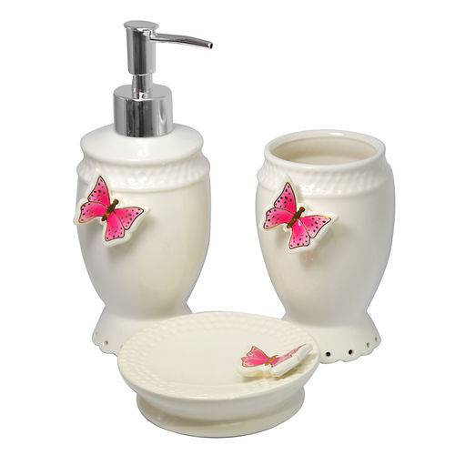 Kit Banheiro Porta Sabonete Líquido Ceramica Borboletas