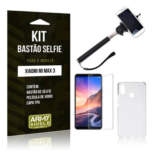 Kit Bastão Selfie Xiaomi Mi Max 3 Bastão + Película de Vidro + Capa - Armyshield