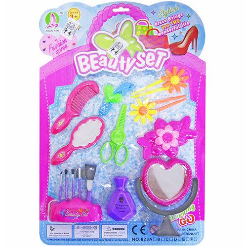 Kit Beleza Infantil com Espelho Coracao Pinceis e Acessorios 10 Pecas na Cartela
