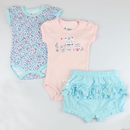 Kit Body e Shorts Gatinha Floral - Azul com Rosa - Have Fun-P
