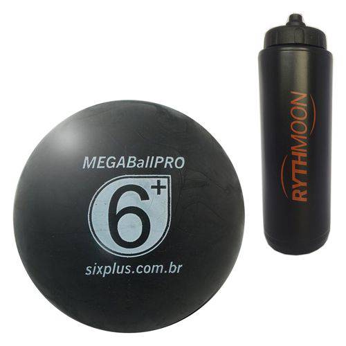 Kit Bola Massageadora MEGA Ball PRO 95mm Six Plus Preta + Squeeze Automático 1lt