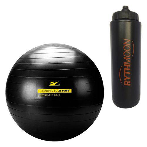 Kit Bola Pilates Fitball 300kg + Bomba Ziva 75cm Preto + Squeeze Automático 1lt