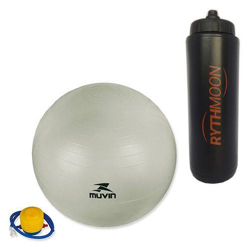 Kit Bola Pilates Fitball C/ Bomba Muvin 65cm Cinza + Squeeze Automático 1lt