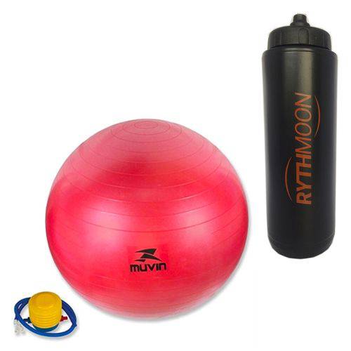 Kit Bola Pilates Fitball C/ Bomba Muvin 65cm Vermelha + Squeeze Automático 1lt