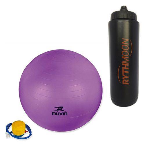 Kit Bola Pilates Fitball C/ Bomba Muvin 55cm Roxa + Squeeze Automático 1lt