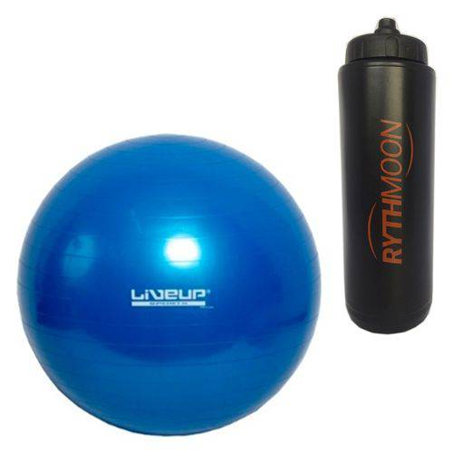 Kit Bola Pilates Yoga Fitball Liveup 65cm Azul + Squeeze Automático 1lt