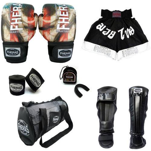 Kit Boxe Muay Thai Top - Luva Bandagem Bucal Caneleira Shorts Bolsa - 10 Oz - BANDEIRA