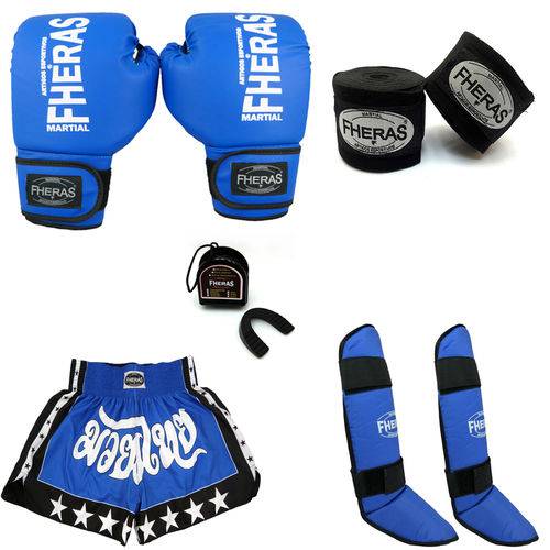Kit Boxe Muay Thai Trad - Luva Bandagem Bucal Caneleira Shorts - Azul