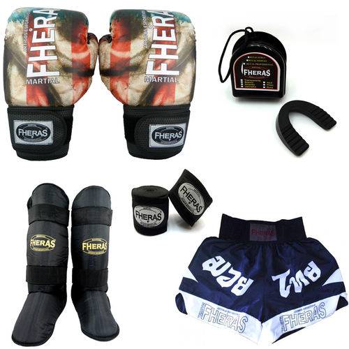 Kit Boxe Muay Thai Top - Luva Bandagem Bucal Caneleira Free Style Shorts (Fheras) - 12 Oz - Bandeira