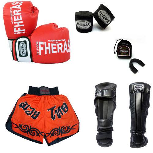 Kit Boxe Muay Thai Oríon - Luva Bandagem Bucal Caneleira Shorts - Vermelho/Branco