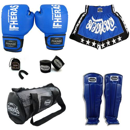 Kit Boxe Muay Thai Trad - Luva Bolsa Bucal Bandagem Shorts Caneleira - Azul