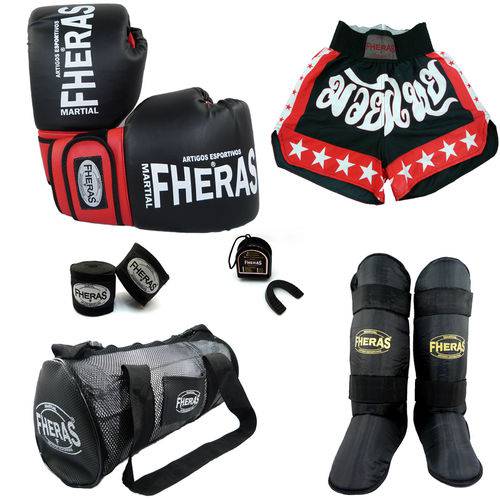 Kit Boxe Muay Thai Orion - Luva Bandagem Bucal Caneleira Bolsa Shorts (Estrela 2) - 10 Oz- PT/VM