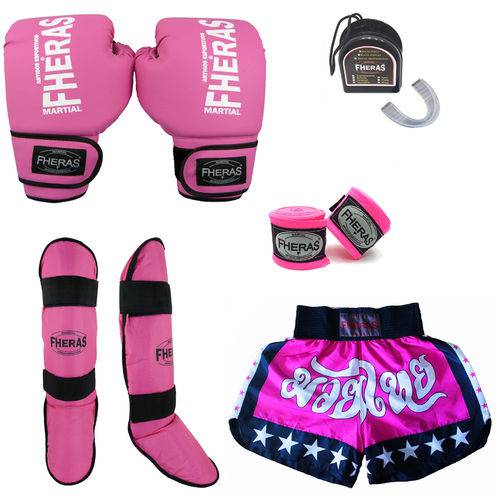 Kit Boxe Muay Thai Trad Luva Bandagem Bucal Caneleira Shorts(Estrela2) - Rosa