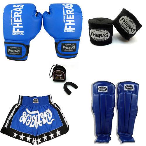 Kit Boxe Muay Thai Trad - Luva Caneleira Bucal Shorts Bandagem - Azul