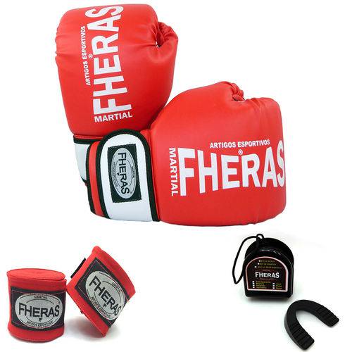 Kit Boxe Muay Thai Fheras Luva + Bandagem + Bucal Vermelha 10oz