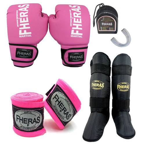 Kit Boxe Muay Thai Fheras Luva Caneleira Bandagem Bucal 08oz Rosa Promoção
