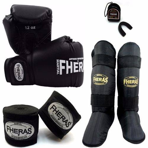 Kit Boxe Muay Thai Fheras Luva Caneleira Bandagem Bucal 12oz Preta Promoção