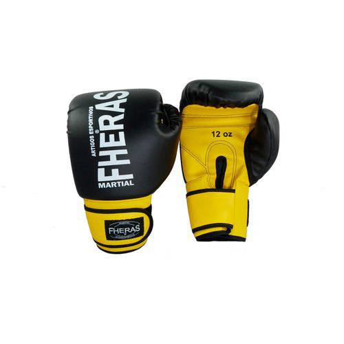 Kit Boxe Muay Thai Fheras Orion - Luva Caneleira Gladiador Bandagem Bucal - 16oz Preto/Amarelo