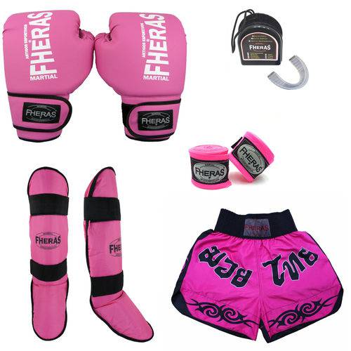 Kit Boxe Muay Thai Fheras Luva Caneleira Bandagem Bucal Shorts 10oz Rosa