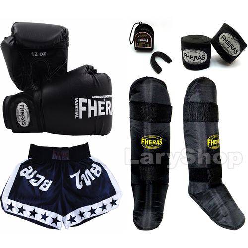 Kit Boxe Muay Thai Fheras Luva Caneleira Bandagem Bucal Shorts 14oz Preta
