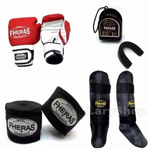 Kit Boxe Muay Thai Fheras Luva + Caneleira + Bandagem + Bucal Vermelha/Branca 08oz