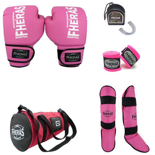 Kit Boxe Muay Thai Fheras Luva Trad. Caneleira Freestyle Bolsa Bandagem Bucal 10oz Rosa
