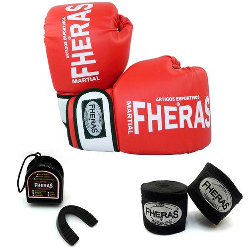 Kit Boxe Muay Thai Fheras Luva Orion + Bandagem + Bucal Vermelha Branca 10oz