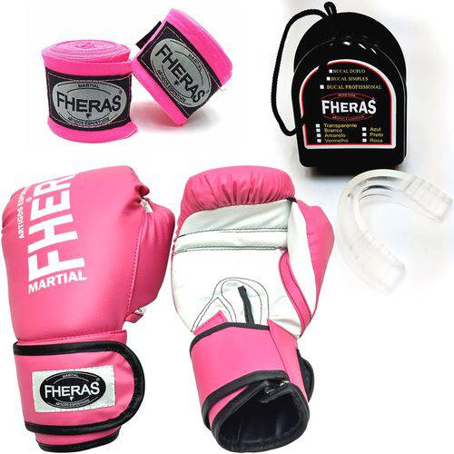 Kit Boxe Muay Thai Fheras Luva Rosa 12oz + Bandagem + Bucal