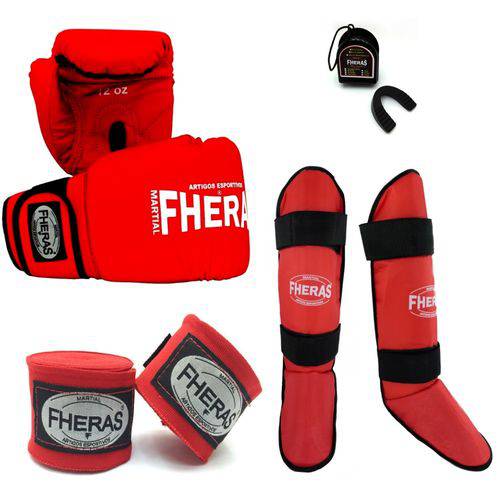 Kit Boxe Muay Thai Fheras Luva Trad. Caneleira Freestyle Bandagem Bucal 10oz Vermelha