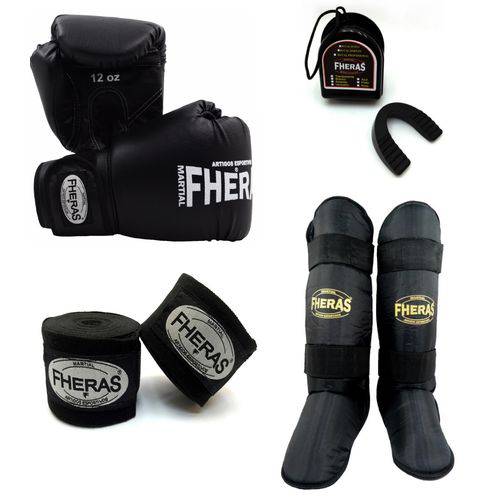 Kit Boxe Muay Thai Fheras Luva Trad. Caneleira Freestyle Bandagem Bucal 12oz Preta