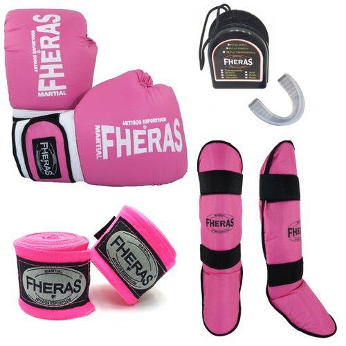 Kit Boxe Muay Thai Fheras Luva Trad. Caneleira Freestyle Bandagem Bucal 14oz Rosa