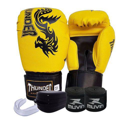 Kit Boxe Muay Thai Kickboxing Amarelo Dragão Preto - Luva Thunder Fight 12 Oz Bandagem Bucal