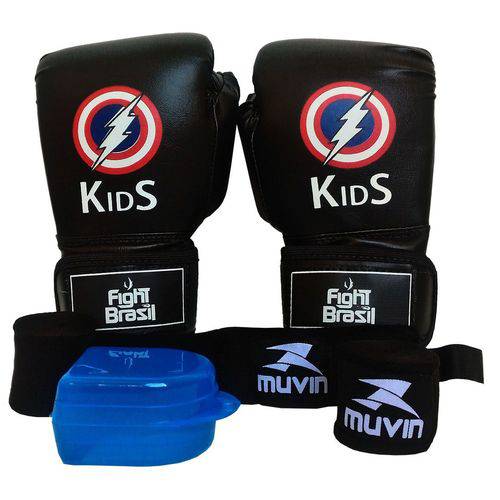 Kit Boxe Muay Thai Luva Bandagens Bucal Infantil Kids 04 Oz Fight Brasil Preta