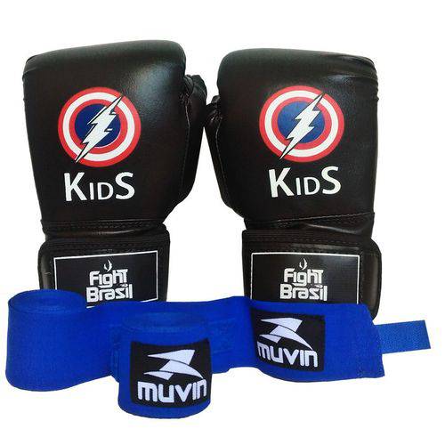 Kit Boxe Muay Thai Luva Bandagens Infantil Kids 04 Oz Preta Fight Brasil