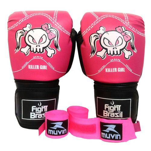 Kit Boxe Muay Thai Luva Bandagens Rosa 12 Oz Fight Brasil Feminino
