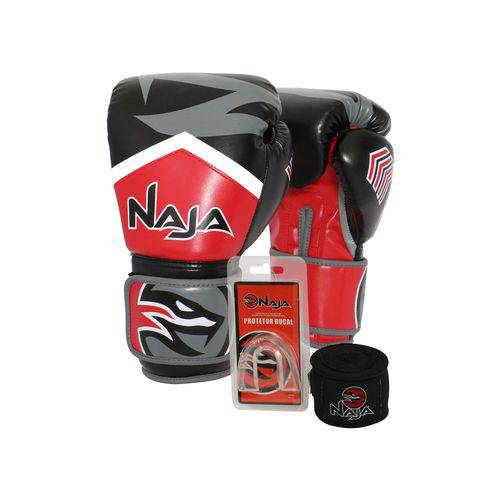 Kit Boxe Muay Thai - Luva New Extreme Vermelha + Bandagem (2,30 Metros) Preta + Protetor Bucal Simpl
