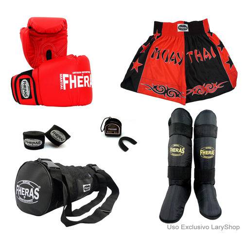 Kit Boxe Muay Thai Trad- Luva Bandagem Bucal Caneleira Free Style Bolsa Shorts(Bicolor) 10oz-PT/VM
