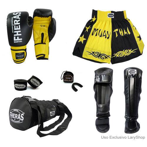 Kit Boxe Muay Thai Orion - Luva Bandagem Bucal Caneleira Free Style Shorts (Bicolor) 08oz - PT/AM