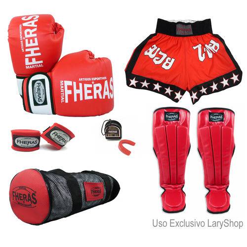 Kit Boxe Muay Thai Orion- Luva Bandagem Bucal Caneleira Anatômica Bolsa Shorts (ESTRELA)08 Oz-VM/BC