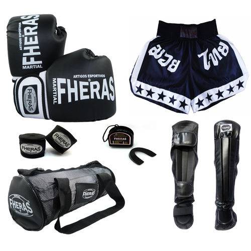 Kit Boxe Muay Thai Orion- Luva Bandagem Bucal Caneleira Anatômica Bolsa Shorts (ESTRELA) 12oz-PT/BC