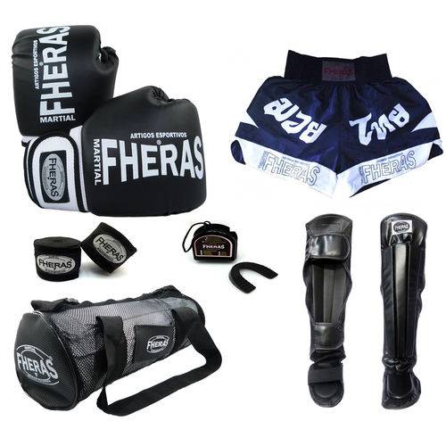 Kit Boxe Muay Thai Orion-Luva Bandagem Bucal Caneleira Anatômica Bolsa Shorts (FHERAS) 10 Oz-PT/BC
