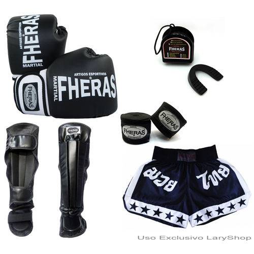 Kit Boxe Muay Thai Orion - Luva Bandagem Bucal Caneleira Anatômica Shorts (ESTRELA)12oz - PT/BC
