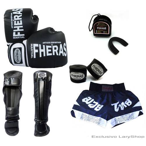 Kit Boxe Muay Thai Orion - Luva Bandagem Bucal Caneleira Anatômica Shorts (FHERAS) 12 Oz - PT/BC