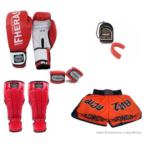 Kit Boxe Muay Thai Orion - Luva Bandagem Bucal Caneleira Anatômica Shorts (TRIBAL) 08oz - VM/BC