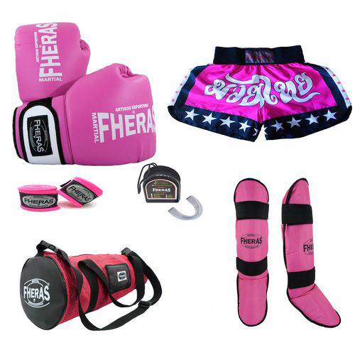 Kit Boxe Muay Thai Orion - Luva Bandagem Bucal Caneleira Bolsa Shorts (Estrela 2) 12 Oz Rosa/Branco