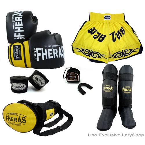 Kit Boxe Muay Thai Orion - Luva Bandagem Bucal Caneleira Bolsa Shorts (Tribal) - 12 Oz Preto/Amarelo