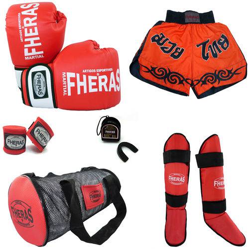 Kit Boxe Muay Thai Orion - Luva Bandagem Bucal Caneleira Bolsa Shorts (Tribal ) -08 Oz - VM/BC