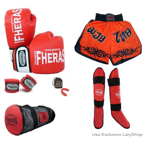 Kit Boxe Muay Thai Orion - Luva Bandagem Bucal Caneleira Bolsa Shorts (Tribal ) -10 Oz - VM/BC